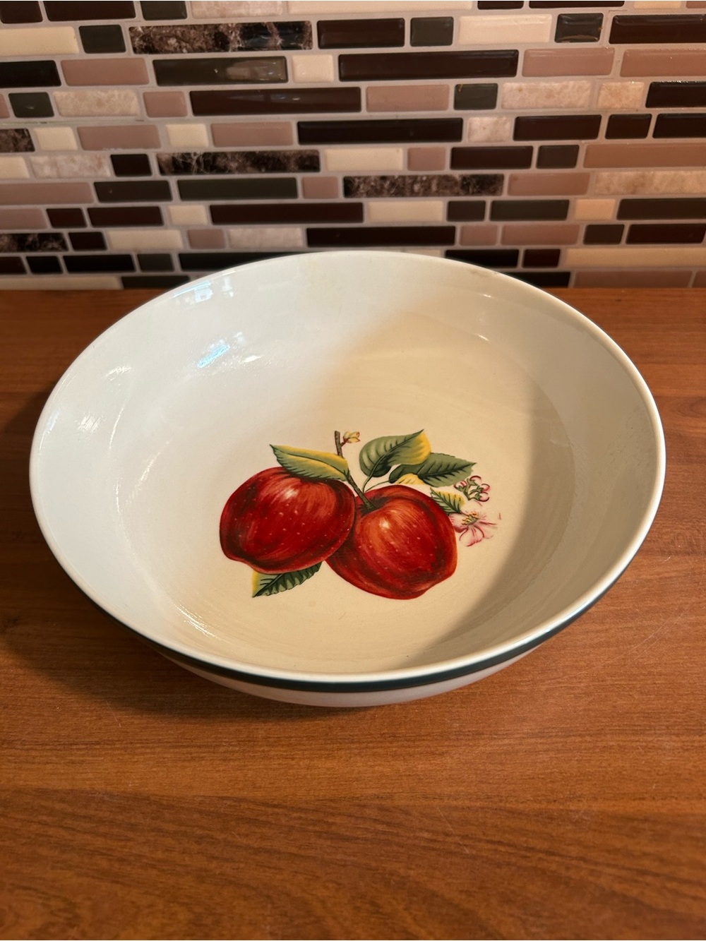 Stoneware Serving Bowl with Red Apple Motif - White